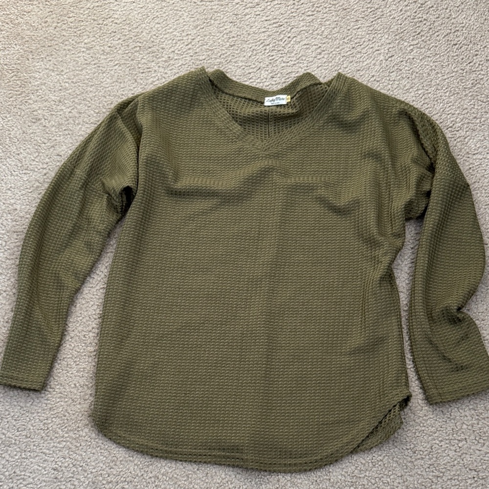 Olive Green Waffle Knit Long-Sleeve Loose fit Top